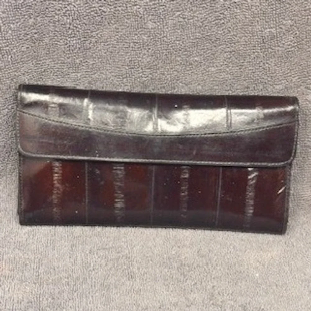 Vintage Genuine Eel Skin Leather Women's Long Wallet Clutch Dark Brown